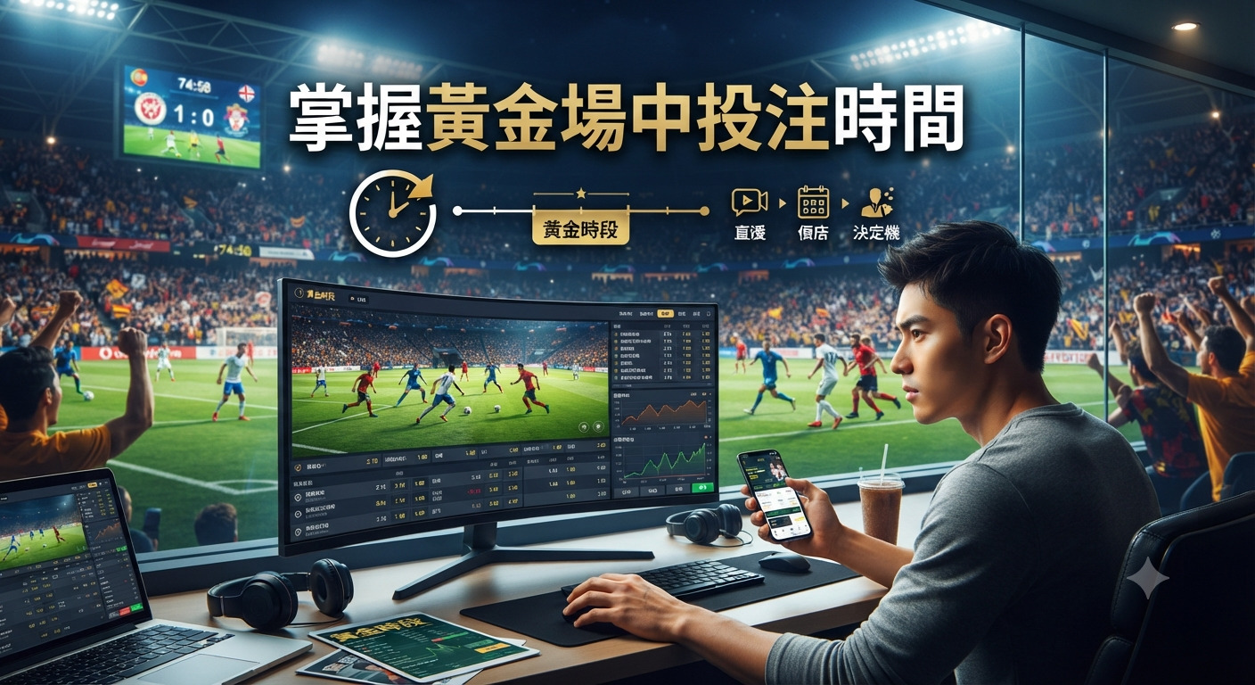 這是一張以「掌握黃金場中投注時間」為主題的圖片，畫面中顯示一位男子在觀看體育賽事並專注於場中投注。